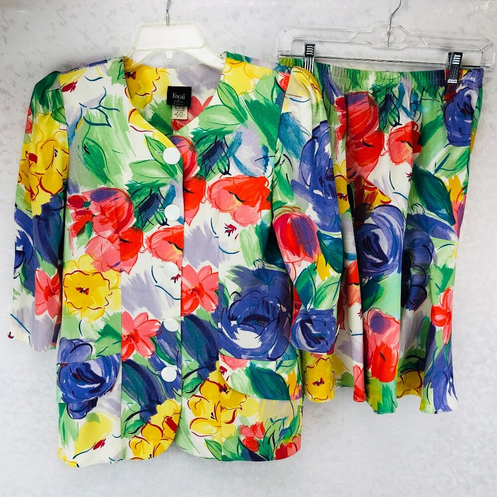 Kwai Petites Vintage Two-Piece Colorful Floral Skirt Set Size Top 6, Skirt 12